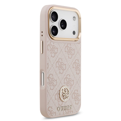 iPhone 17 Pro Kılıf Guess Orjinal Lisanslı M-safe Şarj Özellikli Gold Metal Kamera Çerçeveli Taşlı 4G Logolu Kapak
