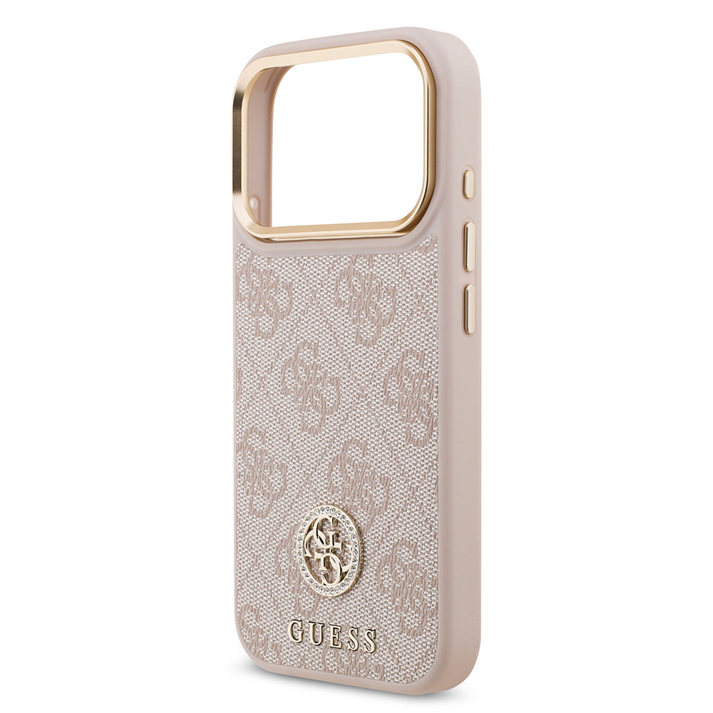iPhone 17 Pro Kılıf Guess Orjinal Lisanslı M-safe Şarj Özellikli Gold Metal Kamera Çerçeveli Taşlı 4G Logolu Kapak