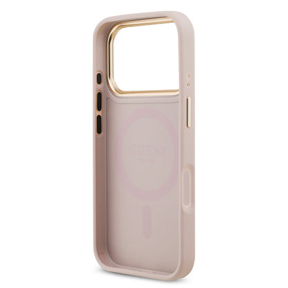 iPhone 17 Pro Kılıf Guess Orjinal Lisanslı M-safe Şarj Özellikli Gold Metal Kamera Çerçeveli Taşlı 4G Logolu Kapak
