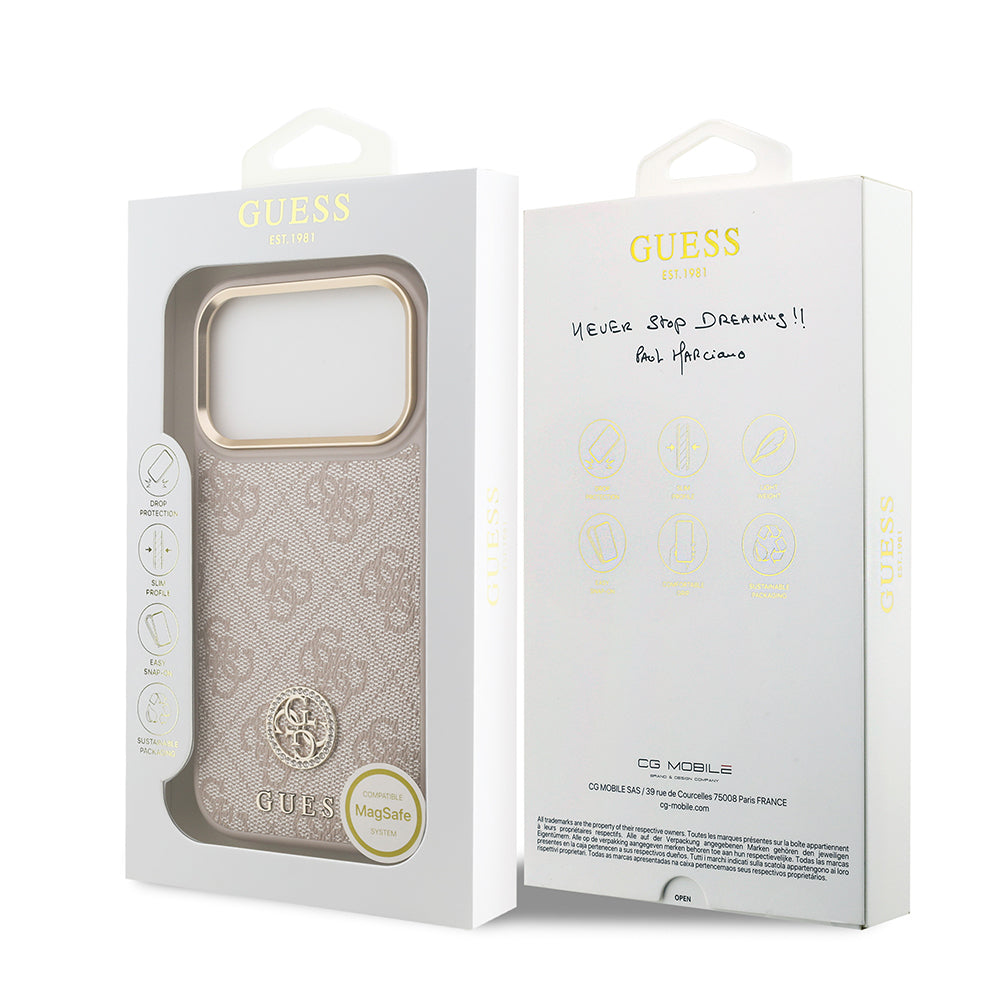 iPhone 17 Pro Kılıf Guess Orjinal Lisanslı M-safe Şarj Özellikli Gold Metal Kamera Çerçeveli Taşlı 4G Logolu Kapak