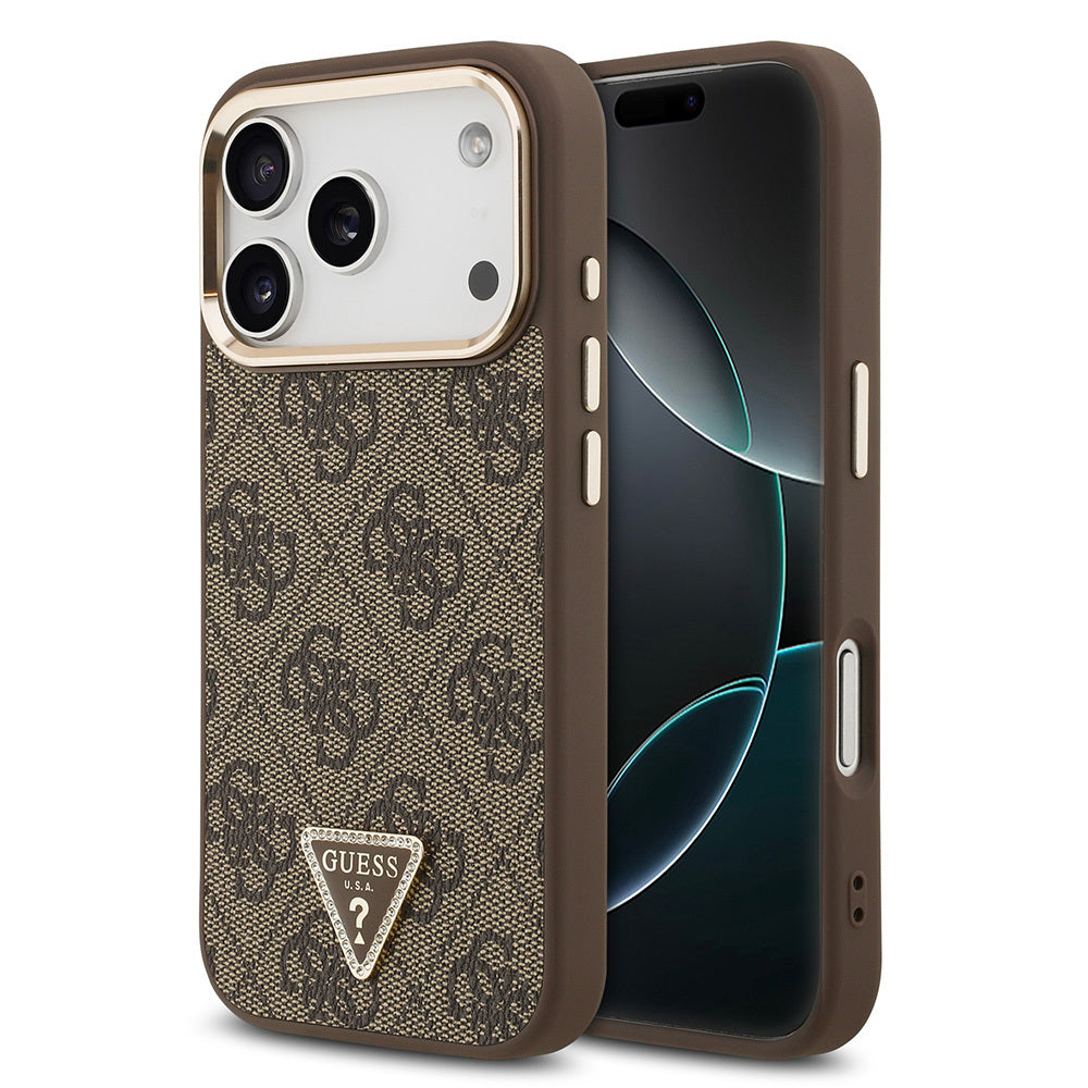 iPhone 17 Pro Kılıf Guess Orjinal Lisanslı M-safe Şarj Özellikli Gold Metal Kamera Çerçeveli Taşlı Üçgen Logo 4G Desenli Kapak