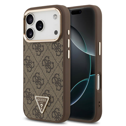 iPhone 17 Pro Kılıf Guess Orjinal Lisanslı M-safe Şarj Özellikli Gold Metal Kamera Çerçeveli Taşlı Üçgen Logo 4G Desenli Kapak