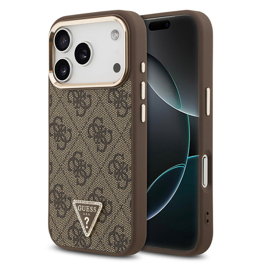 iPhone 17 Pro Kılıf Guess Orjinal Lisanslı M-safe Şarj Özellikli Gold Metal Kamera Çerçeveli Taşlı Üçgen Logo 4G Desenli Kapak