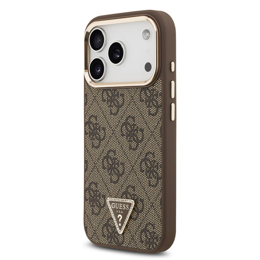 iPhone 17 Pro Kılıf Guess Orjinal Lisanslı M-safe Şarj Özellikli Gold Metal Kamera Çerçeveli Taşlı Üçgen Logo 4G Desenli Kapak