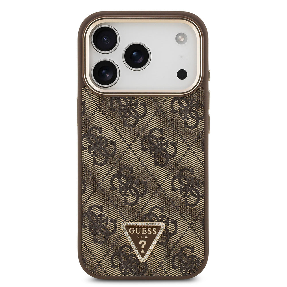 iPhone 17 Pro Kılıf Guess Orjinal Lisanslı M-safe Şarj Özellikli Gold Metal Kamera Çerçeveli Taşlı Üçgen Logo 4G Desenli Kapak