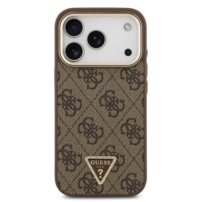 iPhone 17 Pro Kılıf Guess Orjinal Lisanslı M-safe Şarj Özellikli Gold Metal Kamera Çerçeveli Taşlı Üçgen Logo 4G Desenli Kapak