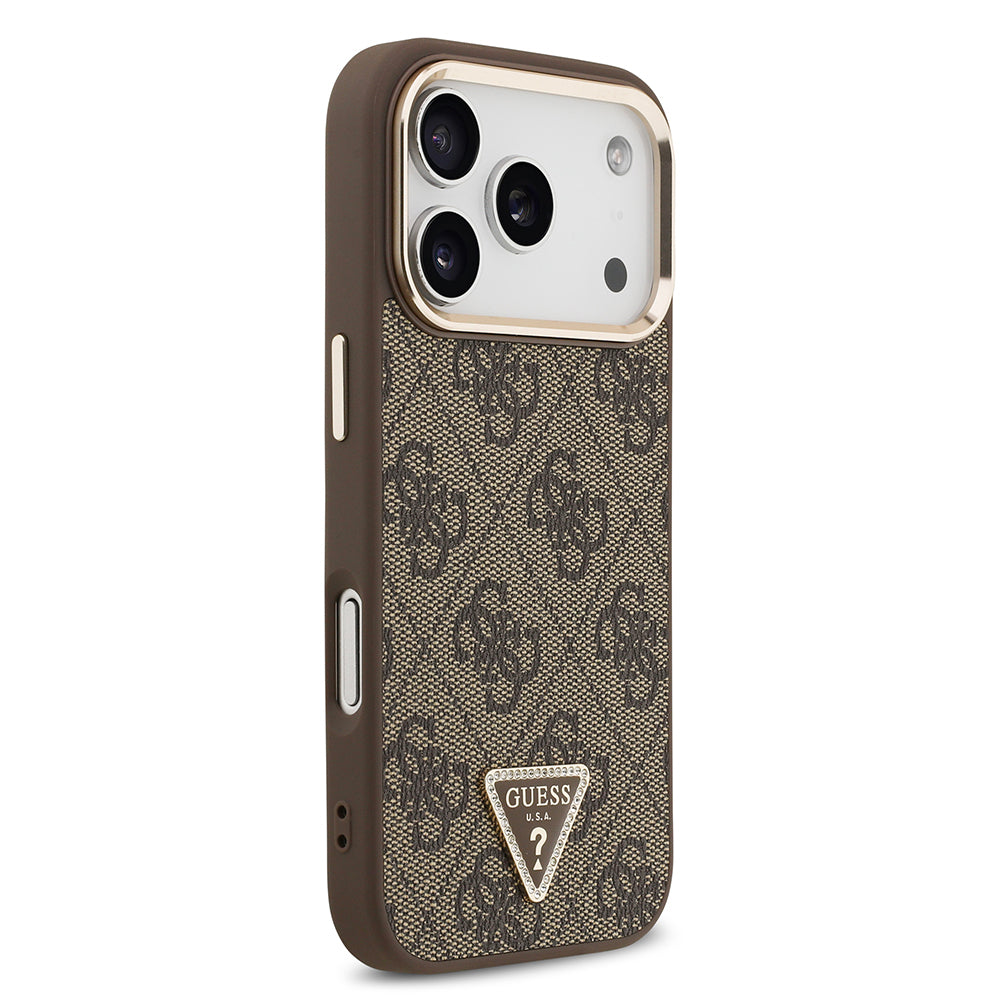 iPhone 17 Pro Kılıf Guess Orjinal Lisanslı M-safe Şarj Özellikli Gold Metal Kamera Çerçeveli Taşlı Üçgen Logo 4G Desenli Kapak