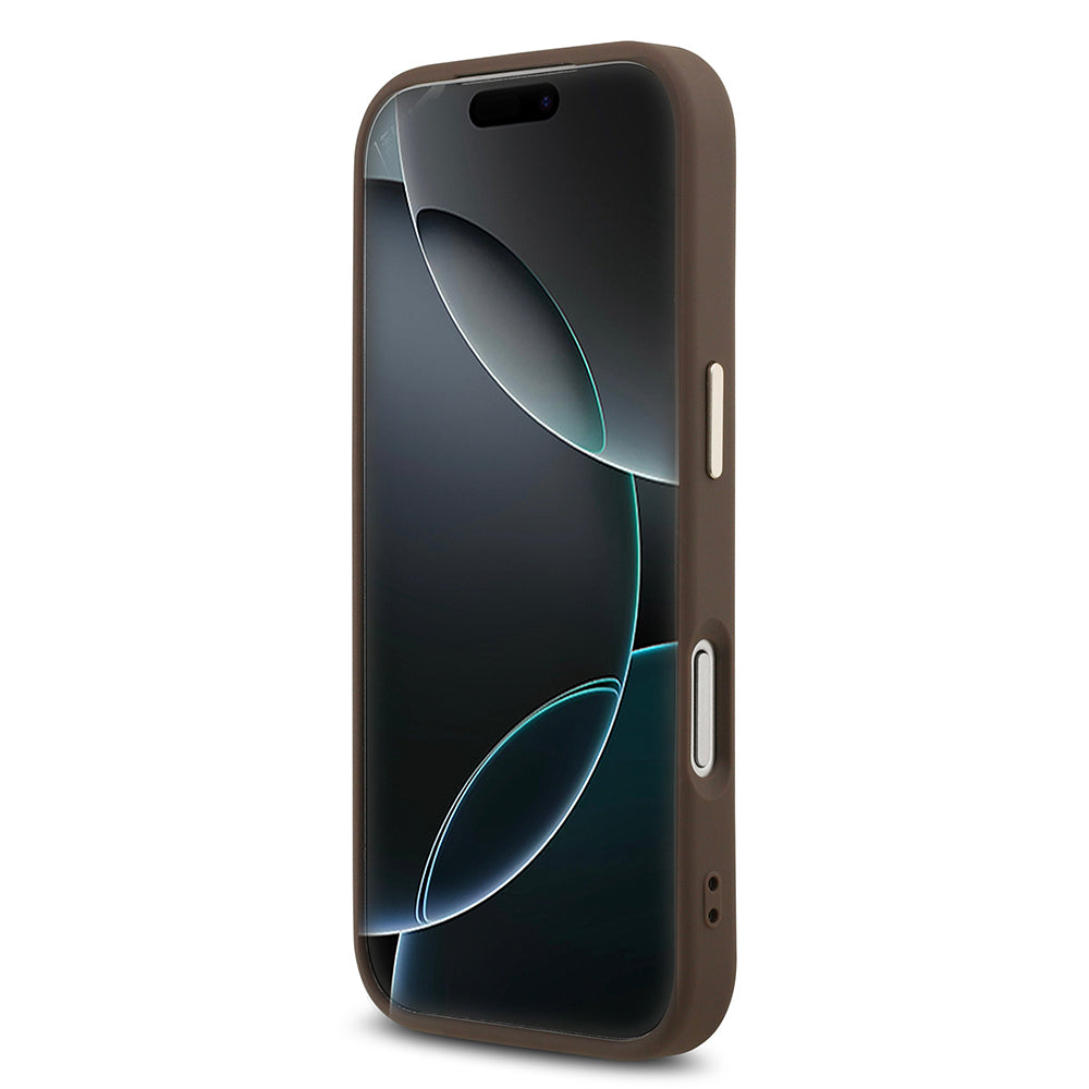 iPhone 17 Pro Kılıf Guess Orjinal Lisanslı M-safe Şarj Özellikli Gold Metal Kamera Çerçeveli Taşlı Üçgen Logo 4G Desenli Kapak