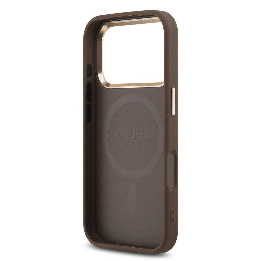 iPhone 17 Pro Kılıf Guess Orjinal Lisanslı M-safe Şarj Özellikli Gold Metal Kamera Çerçeveli Taşlı Üçgen Logo 4G Desenli Kapak