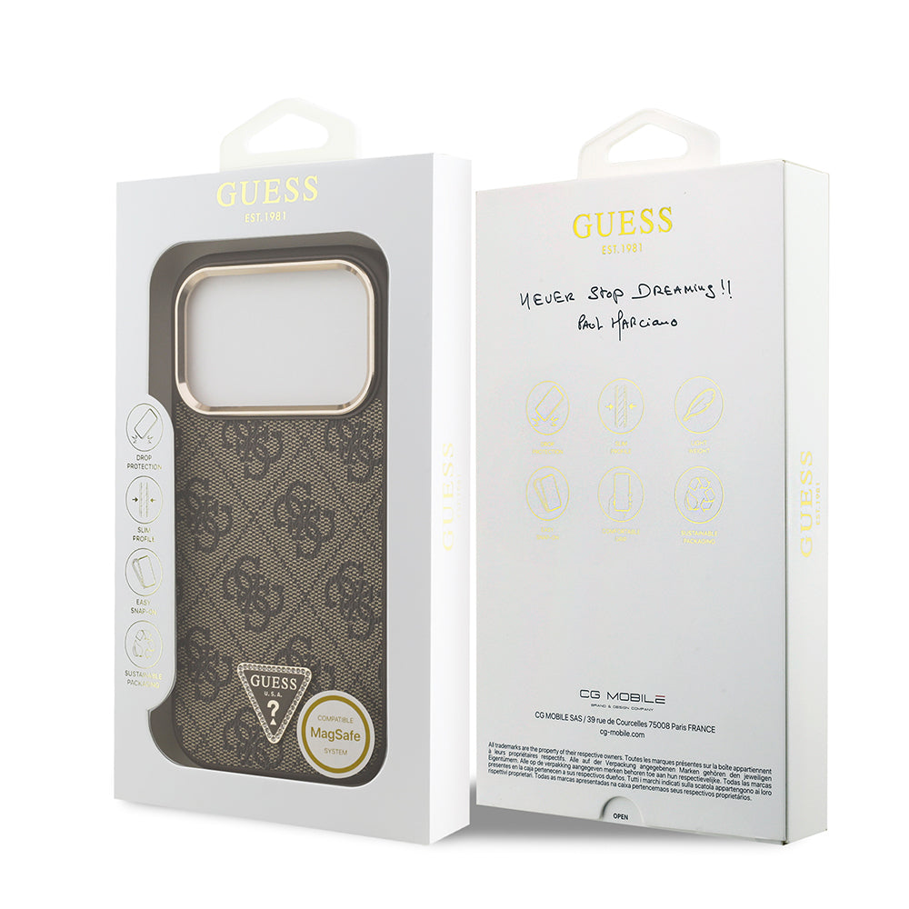 iPhone 17 Pro Kılıf Guess Orjinal Lisanslı M-safe Şarj Özellikli Gold Metal Kamera Çerçeveli Taşlı Üçgen Logo 4G Desenli Kapak