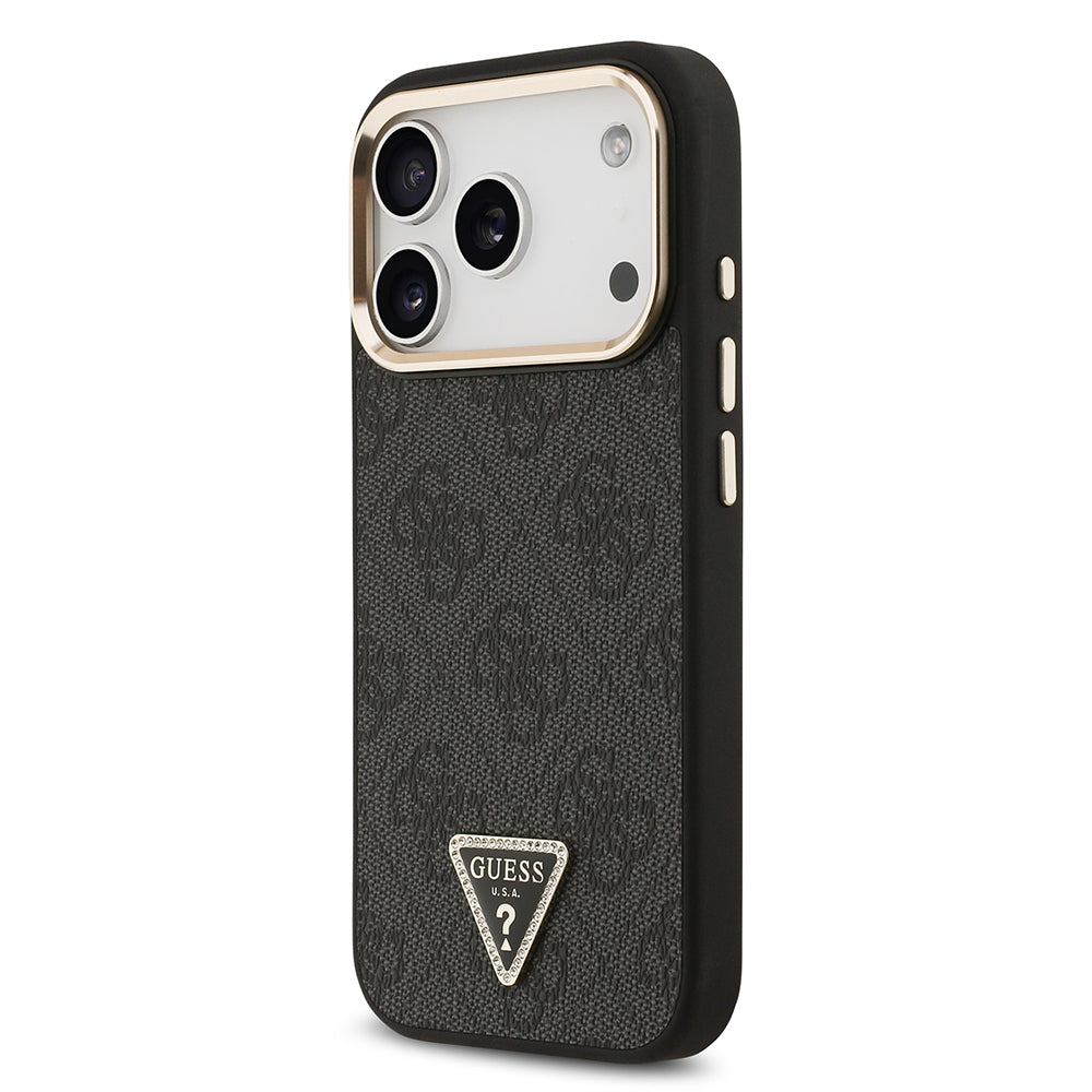 iPhone 17 Pro Kılıf Guess Orjinal Lisanslı M-safe Şarj Özellikli Gold Metal Kamera Çerçeveli Taşlı Üçgen Logo 4G Desenli Kapak