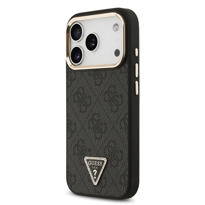 iPhone 17 Pro Kılıf Guess Orjinal Lisanslı M-safe Şarj Özellikli Gold Metal Kamera Çerçeveli Taşlı Üçgen Logo 4G Desenli Kapak