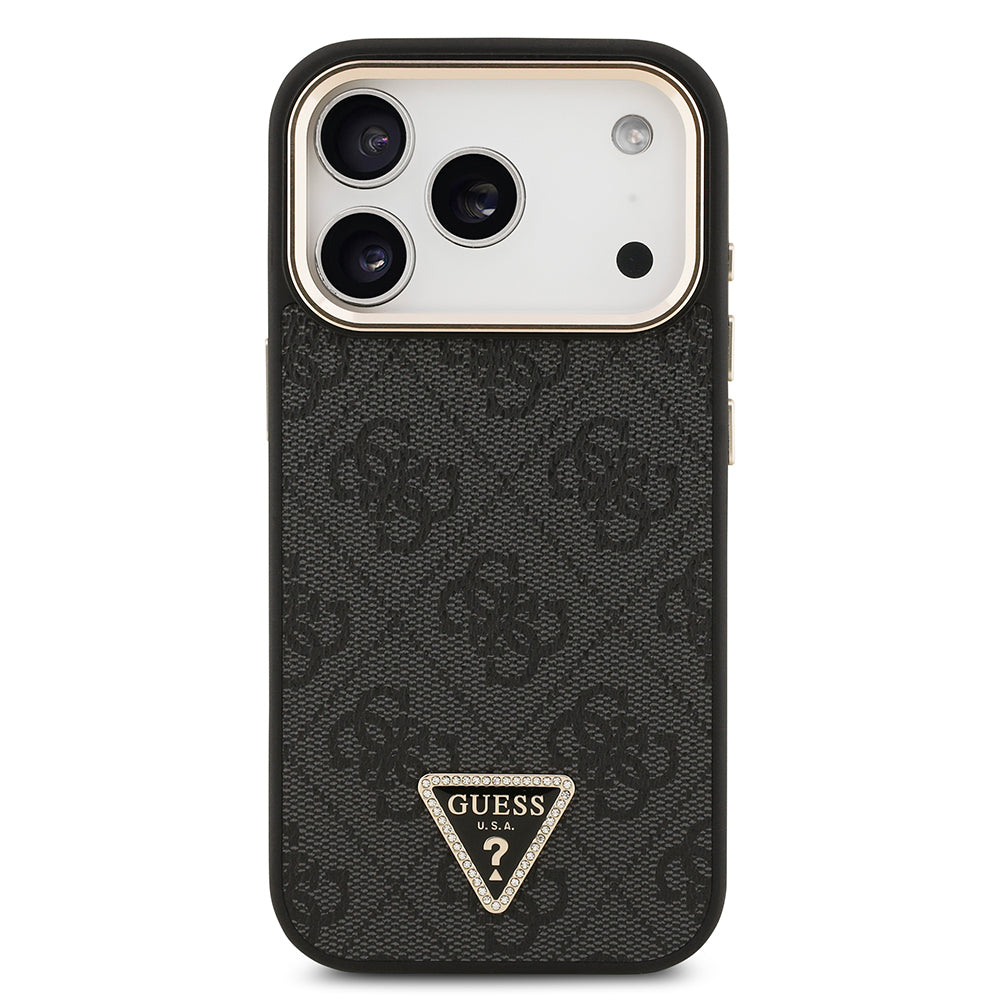 iPhone 17 Pro Kılıf Guess Orjinal Lisanslı M-safe Şarj Özellikli Gold Metal Kamera Çerçeveli Taşlı Üçgen Logo 4G Desenli Kapak