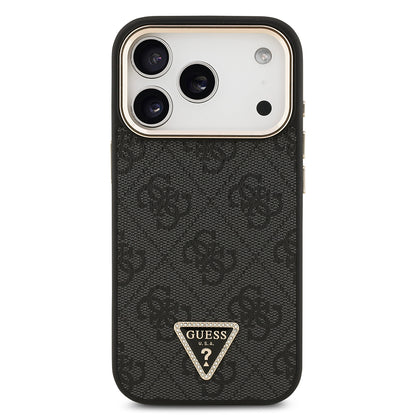iPhone 17 Pro Kılıf Guess Orjinal Lisanslı M-safe Şarj Özellikli Gold Metal Kamera Çerçeveli Taşlı Üçgen Logo 4G Desenli Kapak