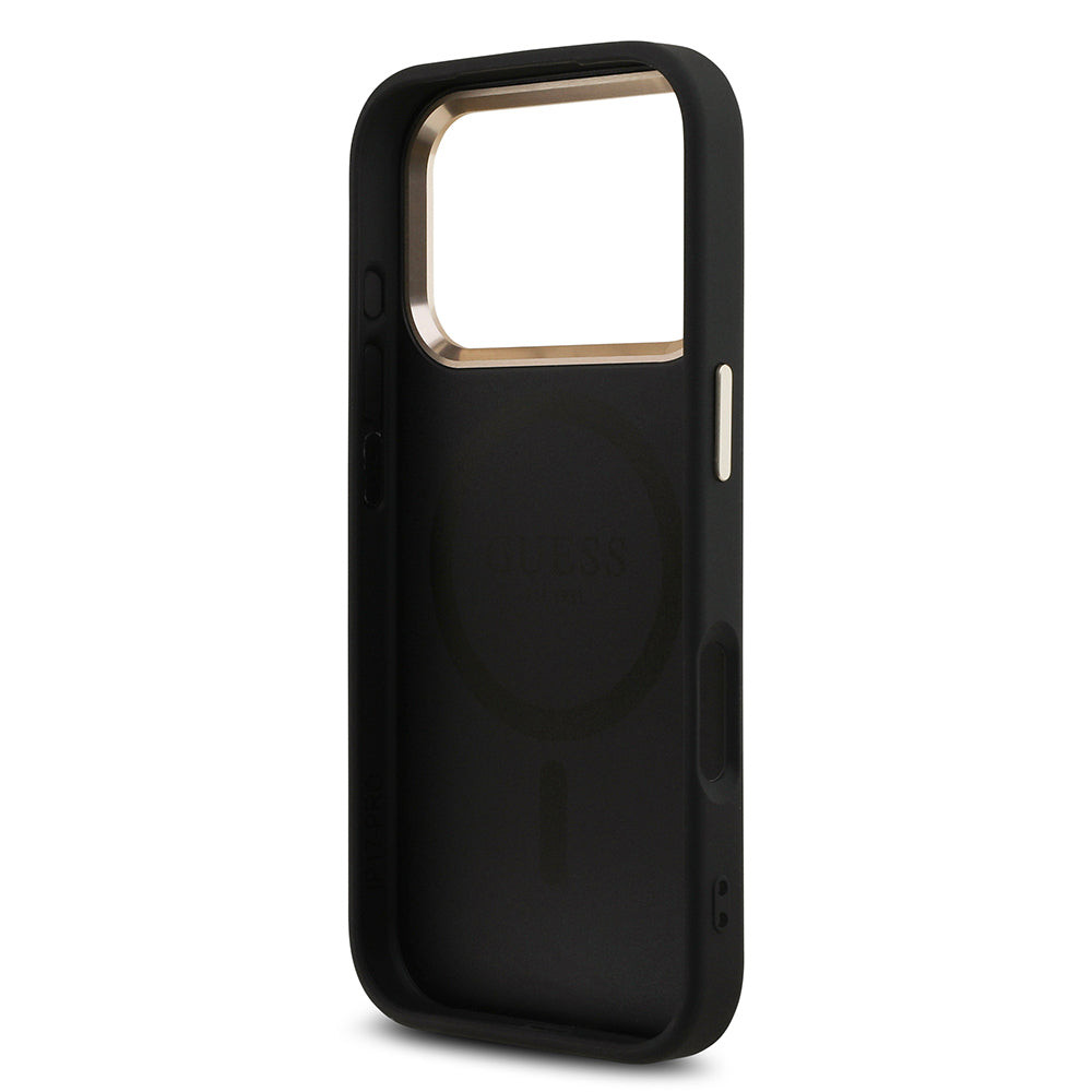 iPhone 17 Pro Kılıf Guess Orjinal Lisanslı M-safe Şarj Özellikli Gold Metal Kamera Çerçeveli Taşlı Üçgen Logo 4G Desenli Kapak