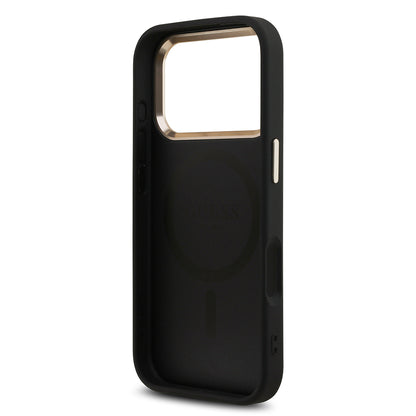 iPhone 17 Pro Kılıf Guess Orjinal Lisanslı M-safe Şarj Özellikli Gold Metal Kamera Çerçeveli Taşlı Üçgen Logo 4G Desenli Kapak