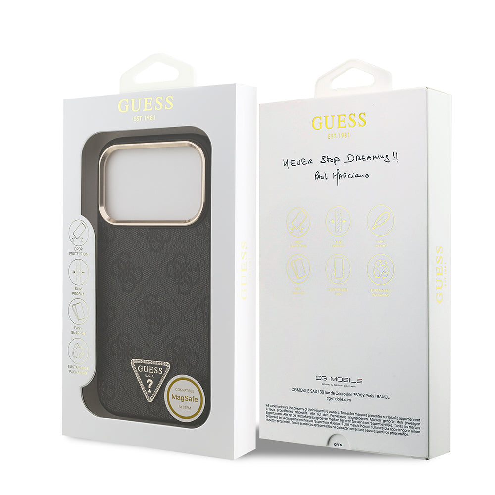 iPhone 17 Pro Kılıf Guess Orjinal Lisanslı M-safe Şarj Özellikli Gold Metal Kamera Çerçeveli Taşlı Üçgen Logo 4G Desenli Kapak