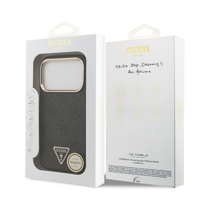 iPhone 17 Pro Kılıf Guess Orjinal Lisanslı M-safe Şarj Özellikli Gold Metal Kamera Çerçeveli Taşlı Üçgen Logo 4G Desenli Kapak