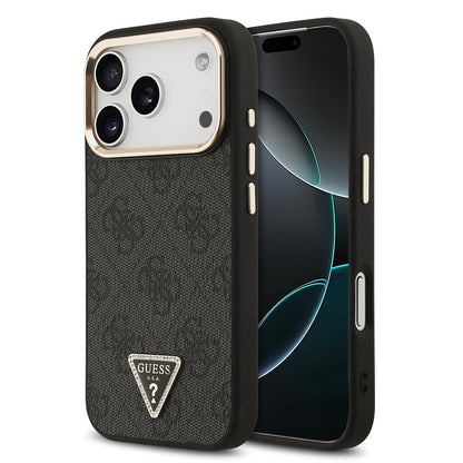 iPhone 17 Pro Kılıf Guess Orjinal Lisanslı M-safe Şarj Özellikli Gold Metal Kamera Çerçeveli Taşlı Üçgen Logo 4G Desenli Kapak