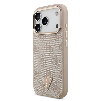 iPhone 17 Pro Kılıf Guess Orjinal Lisanslı M-safe Şarj Özellikli Gold Metal Kamera Çerçeveli Taşlı Üçgen Logo 4G Desenli Kapak