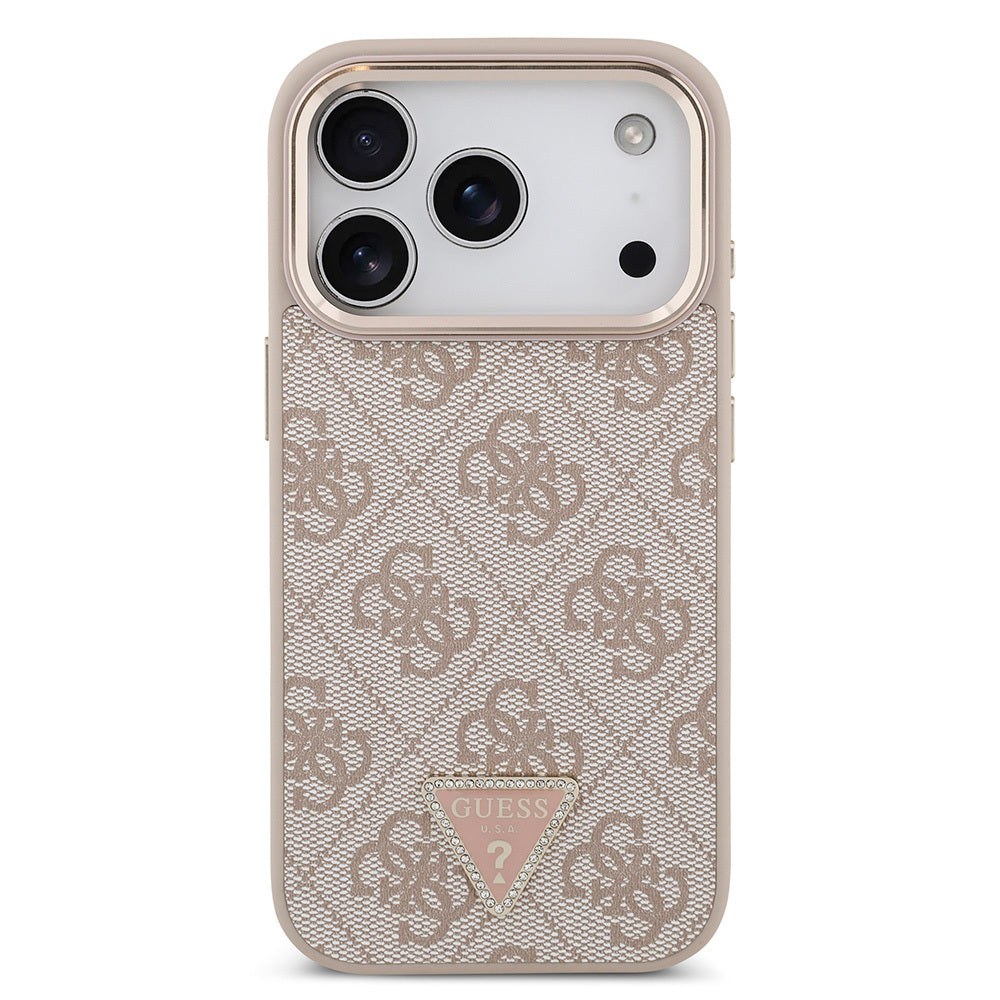 iPhone 17 Pro Kılıf Guess Orjinal Lisanslı M-safe Şarj Özellikli Gold Metal Kamera Çerçeveli Taşlı Üçgen Logo 4G Desenli Kapak