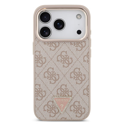 iPhone 17 Pro Kılıf Guess Orjinal Lisanslı M-safe Şarj Özellikli Gold Metal Kamera Çerçeveli Taşlı Üçgen Logo 4G Desenli Kapak