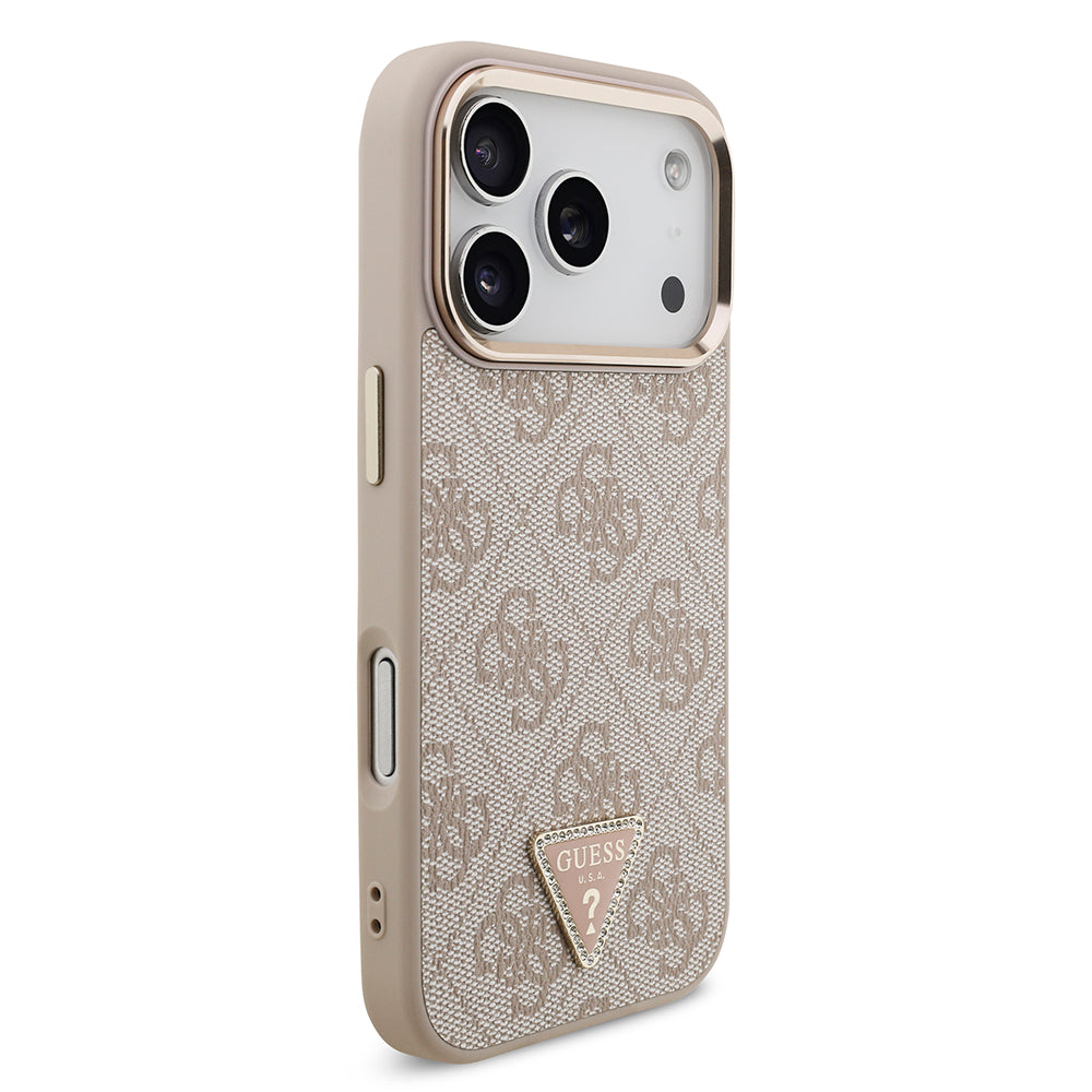 iPhone 17 Pro Kılıf Guess Orjinal Lisanslı M-safe Şarj Özellikli Gold Metal Kamera Çerçeveli Taşlı Üçgen Logo 4G Desenli Kapak
