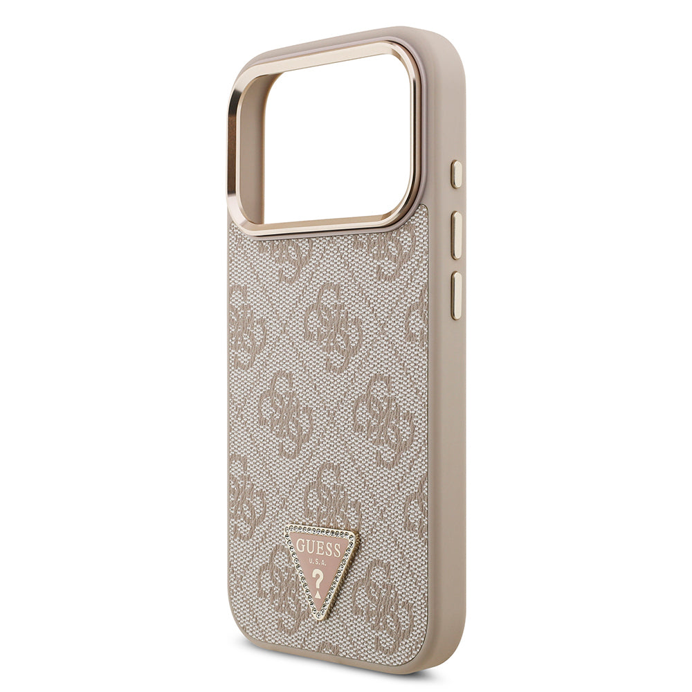 iPhone 17 Pro Kılıf Guess Orjinal Lisanslı M-safe Şarj Özellikli Gold Metal Kamera Çerçeveli Taşlı Üçgen Logo 4G Desenli Kapak