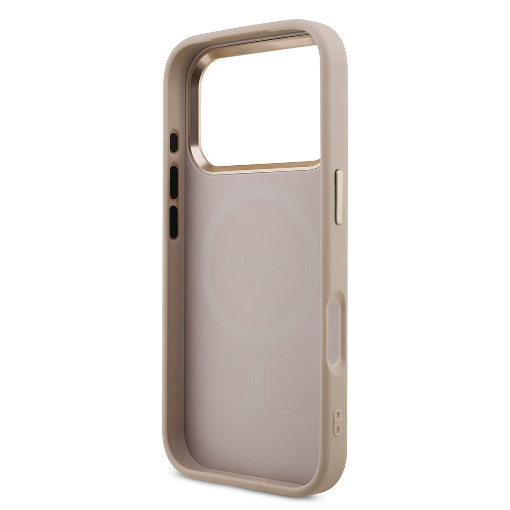 iPhone 17 Pro Kılıf Guess Orjinal Lisanslı M-safe Şarj Özellikli Gold Metal Kamera Çerçeveli Taşlı Üçgen Logo 4G Desenli Kapak