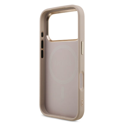 iPhone 17 Pro Kılıf Guess Orjinal Lisanslı M-safe Şarj Özellikli Gold Metal Kamera Çerçeveli Taşlı Üçgen Logo 4G Desenli Kapak