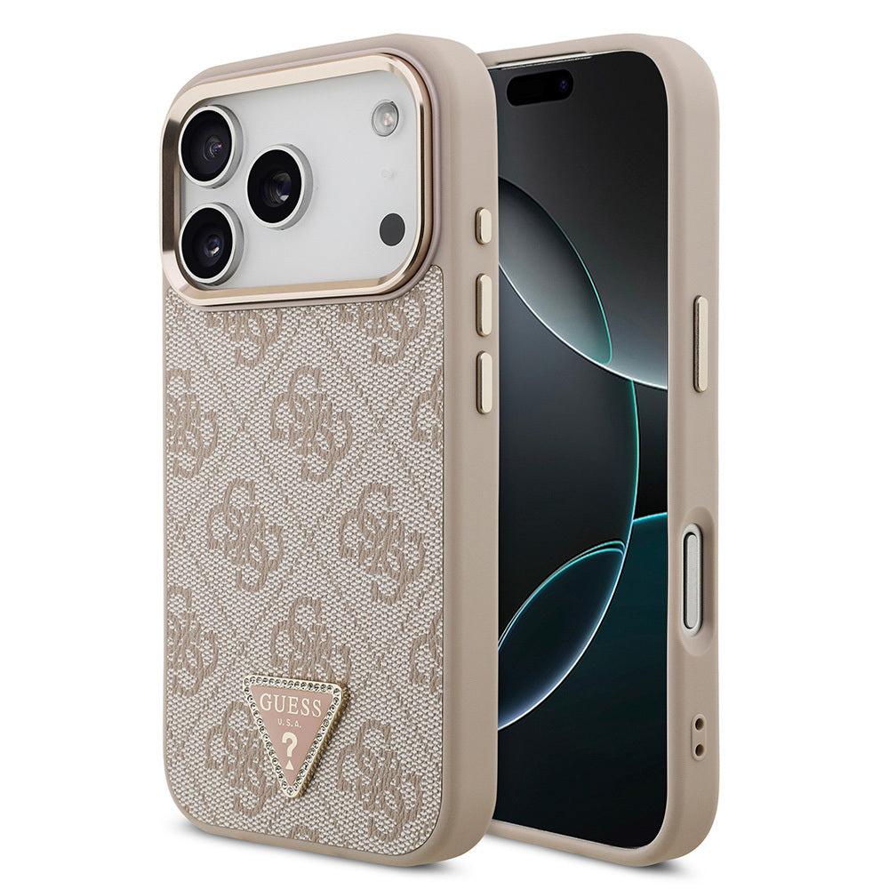 iPhone 17 Pro Kılıf Guess Orjinal Lisanslı M-safe Şarj Özellikli Gold Metal Kamera Çerçeveli Taşlı Üçgen Logo 4G Desenli Kapak