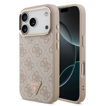 iPhone 17 Pro Kılıf Guess Orjinal Lisanslı M-safe Şarj Özellikli Gold Metal Kamera Çerçeveli Taşlı Üçgen Logo 4G Desenli Kapak