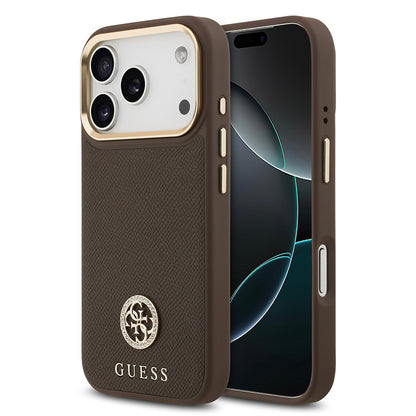 iPhone 17 Pro Kılıf Guess Orjinal Lisanslı M-safe Şarj Özellikli Grained Yazı ve Taşlı 4G Logolu Kapak