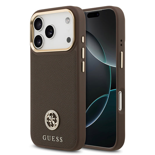 iPhone 17 Pro Kılıf Guess Orjinal Lisanslı M-safe Şarj Özellikli Grained Yazı ve Taşlı 4G Logolu Kapak