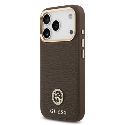iPhone 17 Pro Kılıf Guess Orjinal Lisanslı M-safe Şarj Özellikli Grained Yazı ve Taşlı 4G Logolu Kapak