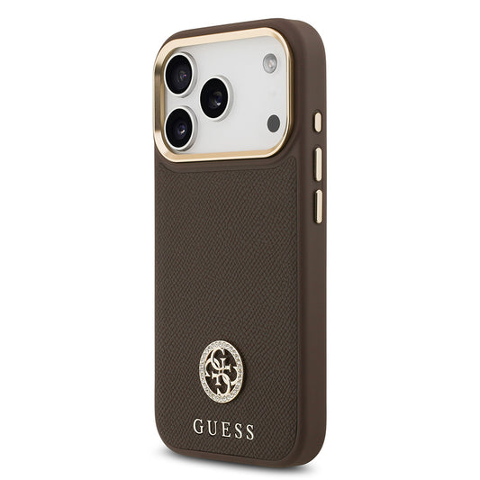 iPhone 17 Pro Kılıf Guess Orjinal Lisanslı M-safe Şarj Özellikli Grained Yazı ve Taşlı 4G Logolu Kapak