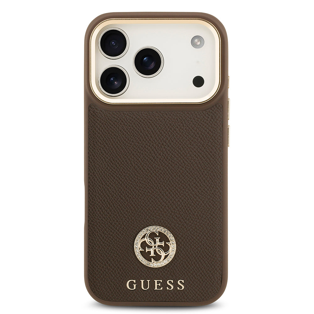 iPhone 17 Pro Kılıf Guess Orjinal Lisanslı M-safe Şarj Özellikli Grained Yazı ve Taşlı 4G Logolu Kapak