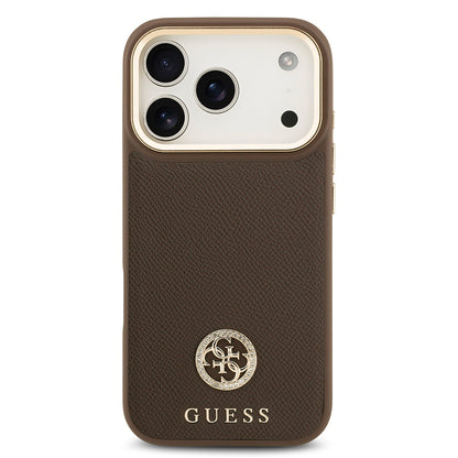 iPhone 17 Pro Kılıf Guess Orjinal Lisanslı M-safe Şarj Özellikli Grained Yazı ve Taşlı 4G Logolu Kapak