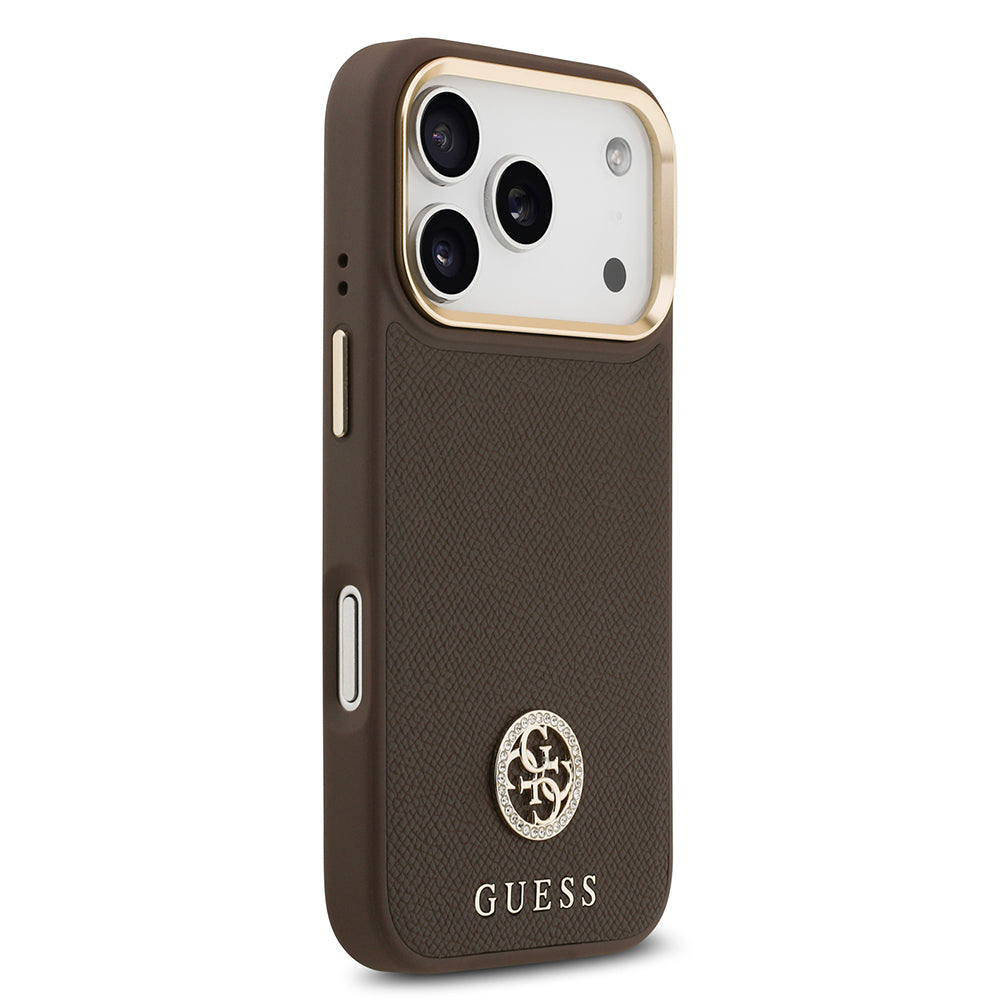 iPhone 17 Pro Kılıf Guess Orjinal Lisanslı M-safe Şarj Özellikli Grained Yazı ve Taşlı 4G Logolu Kapak