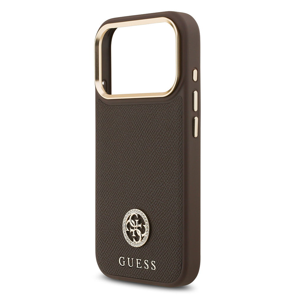 iPhone 17 Pro Kılıf Guess Orjinal Lisanslı M-safe Şarj Özellikli Grained Yazı ve Taşlı 4G Logolu Kapak