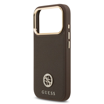 iPhone 17 Pro Kılıf Guess Orjinal Lisanslı M-safe Şarj Özellikli Grained Yazı ve Taşlı 4G Logolu Kapak
