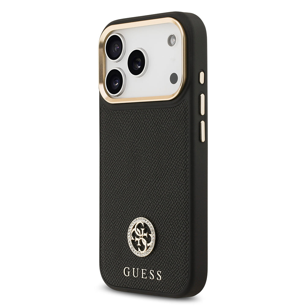 iPhone 17 Pro Kılıf Guess Orjinal Lisanslı M-safe Şarj Özellikli Grained Yazı ve Taşlı 4G Logolu Kapak