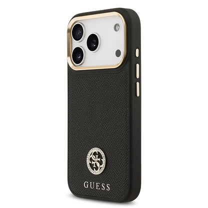 iPhone 17 Pro Kılıf Guess Orjinal Lisanslı M-safe Şarj Özellikli Grained Yazı ve Taşlı 4G Logolu Kapak