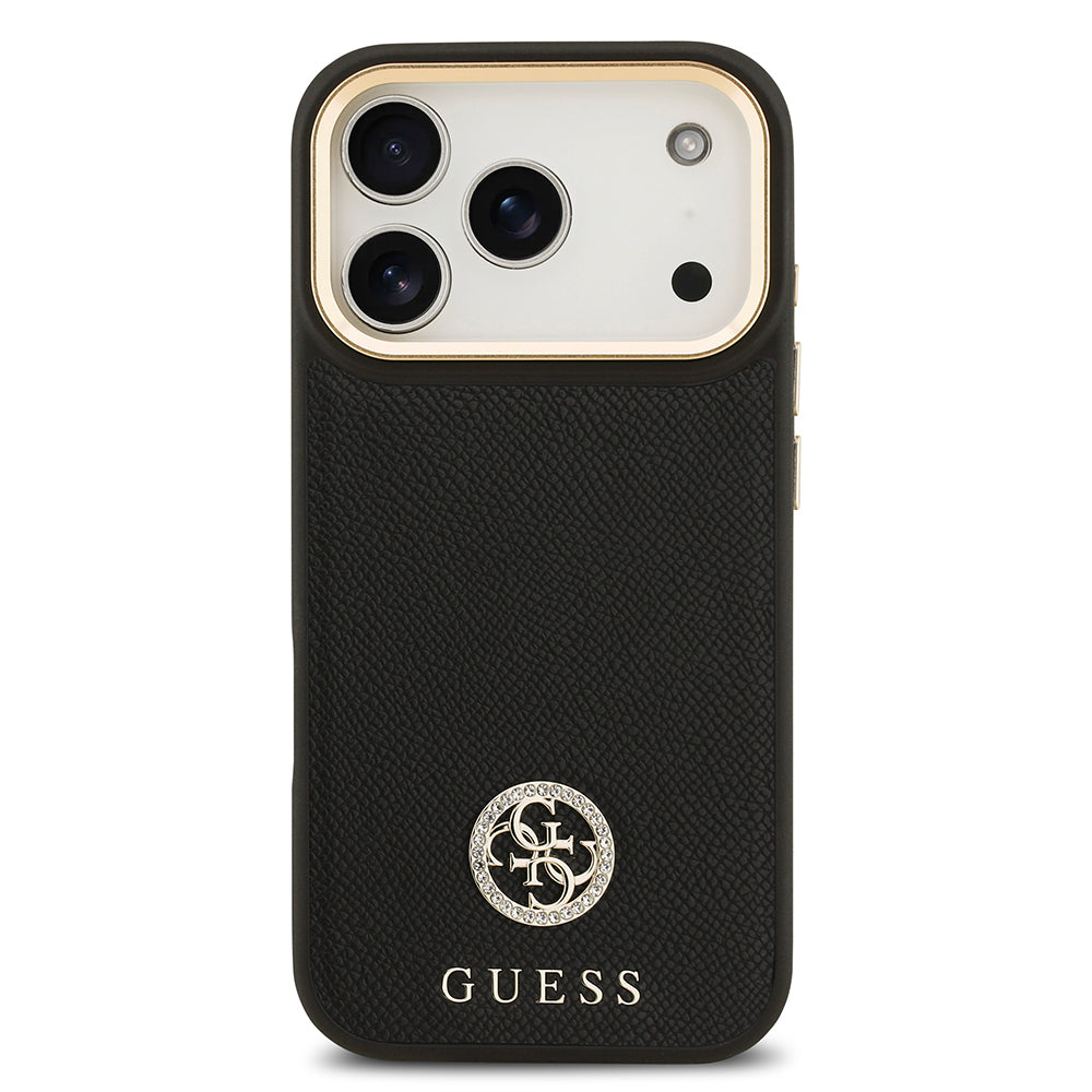 iPhone 17 Pro Kılıf Guess Orjinal Lisanslı M-safe Şarj Özellikli Grained Yazı ve Taşlı 4G Logolu Kapak