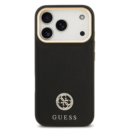iPhone 17 Pro Kılıf Guess Orjinal Lisanslı M-safe Şarj Özellikli Grained Yazı ve Taşlı 4G Logolu Kapak