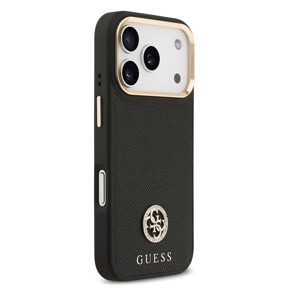 iPhone 17 Pro Kılıf Guess Orjinal Lisanslı M-safe Şarj Özellikli Grained Yazı ve Taşlı 4G Logolu Kapak