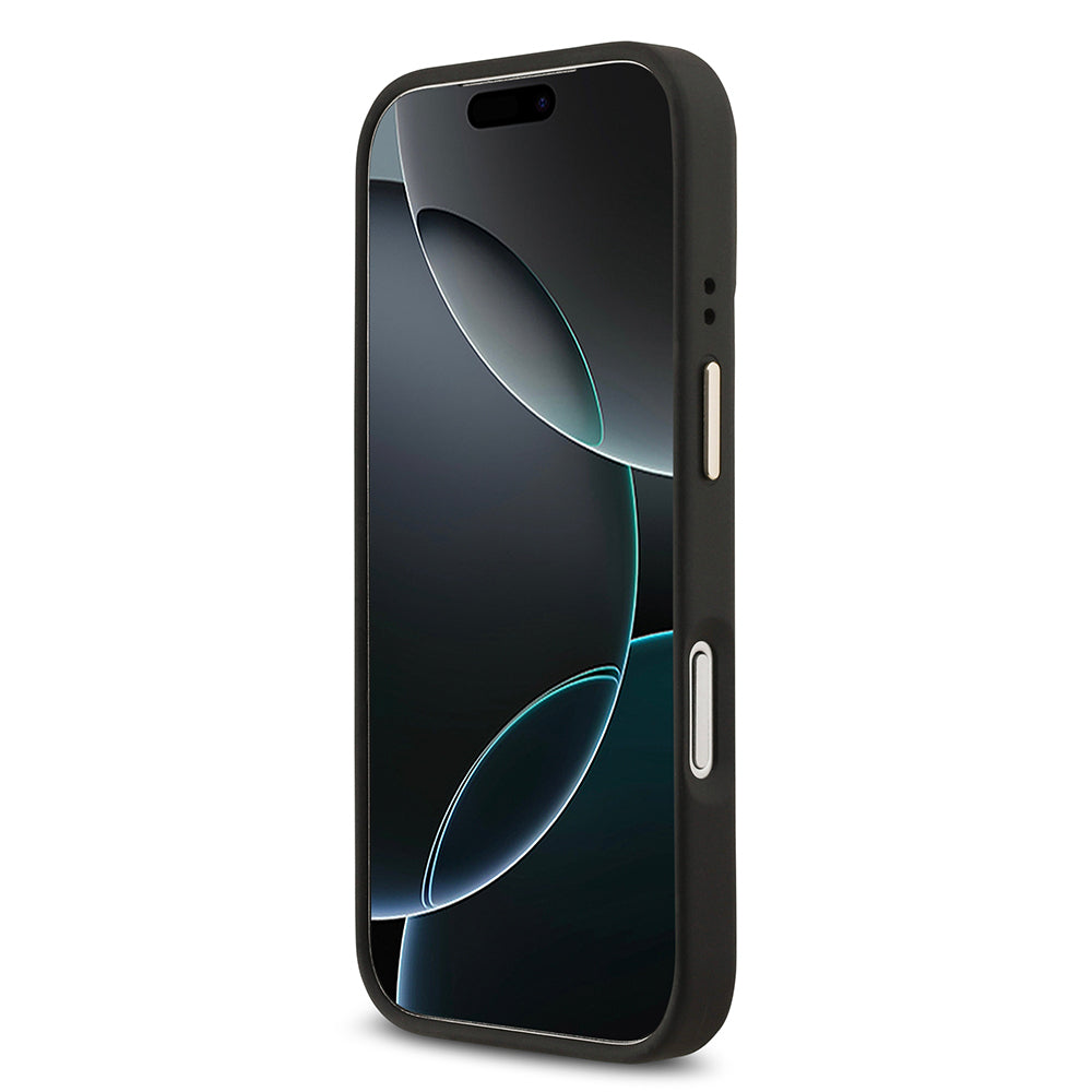 iPhone 17 Pro Kılıf Guess Orjinal Lisanslı M-safe Şarj Özellikli Grained Yazı ve Taşlı 4G Logolu Kapak