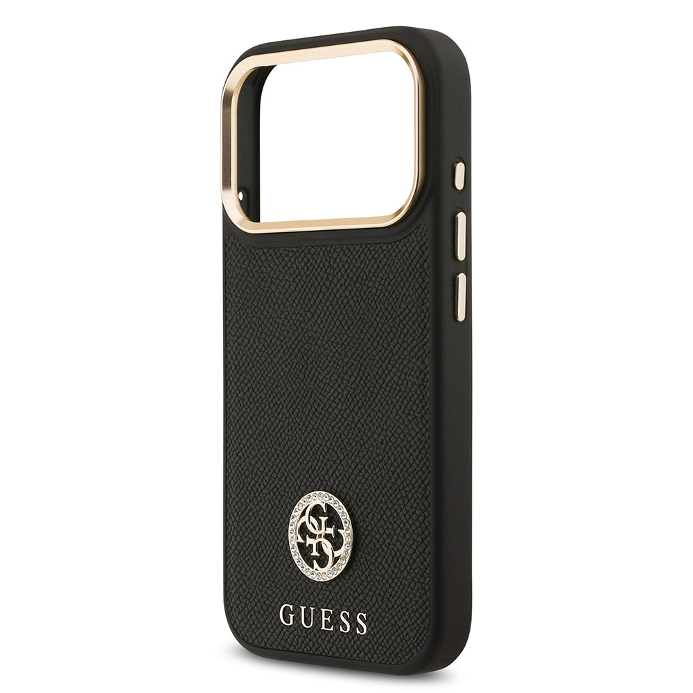 iPhone 17 Pro Kılıf Guess Orjinal Lisanslı M-safe Şarj Özellikli Grained Yazı ve Taşlı 4G Logolu Kapak