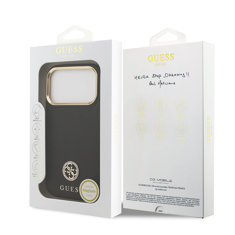 iPhone 17 Pro Kılıf Guess Orjinal Lisanslı M-safe Şarj Özellikli Grained Yazı ve Taşlı 4G Logolu Kapak
