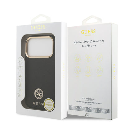 iPhone 17 Pro Kılıf Guess Orjinal Lisanslı M-safe Şarj Özellikli Grained Yazı ve Taşlı 4G Logolu Kapak